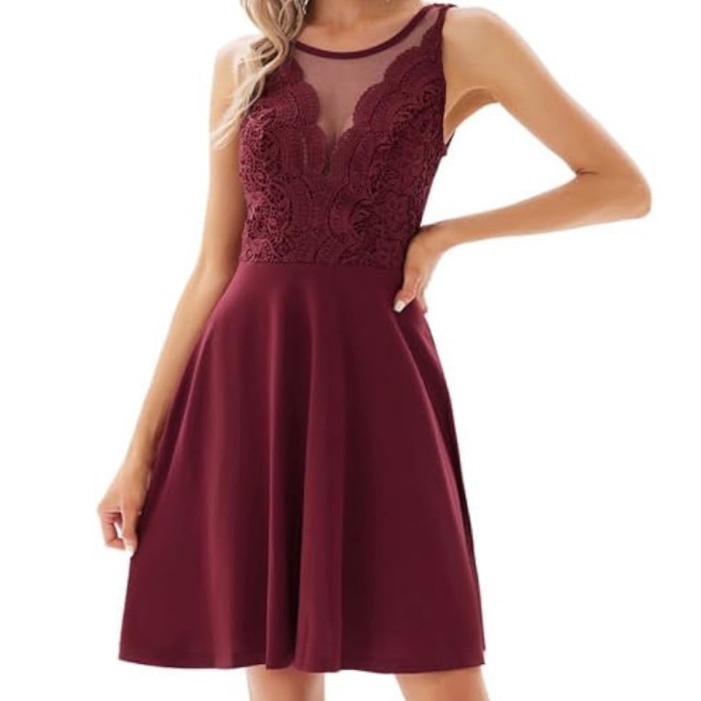 Maroon Party Dress Lace Plunge Neckline